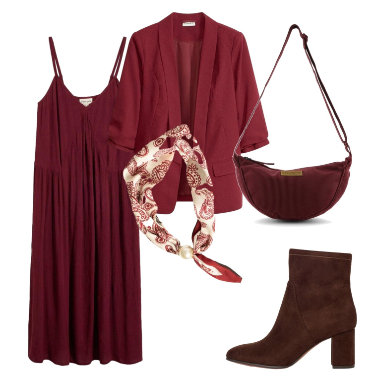 Outfit donna - Total look #2471441. Stile Urban per Ufficio. Abbinamento con blazer, vestiti midi/longuette, stivaletti, foulard, borse a tracolla.