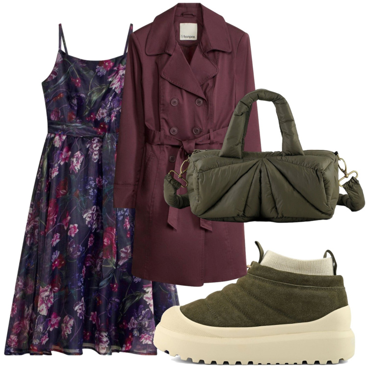 Outfit donna - Total look #2471442. Stile Trendy per Serata fuori. Abbinamento con vestiti midi/longuette, trench, borse a mano, stivaletti.