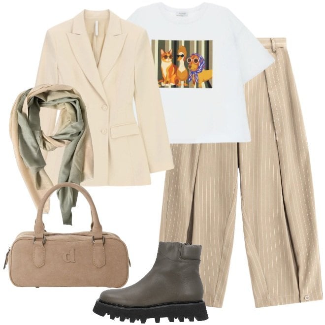 Outfit donna - Colori chiari a settembre. Stile Urban per Tutti i giorni. Abbinamento con stivaletti, pantaloni a palazzo, blazer, borse a mano, t-shirt, foulard.