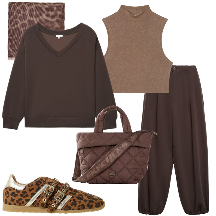 Outfit donna - Colori cioccolato. Stile Casual per Tutti i giorni. Abbinamento con borse tote, sneakers, top, pantaloni, felpe, sciarpe.