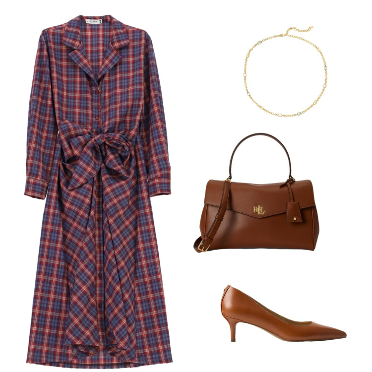 Outfit donna - Tartan chic. Stile Casual chic per Tutti i giorni. Abbinamento con vestiti chemisier, décolleté, borse a mano, collane.