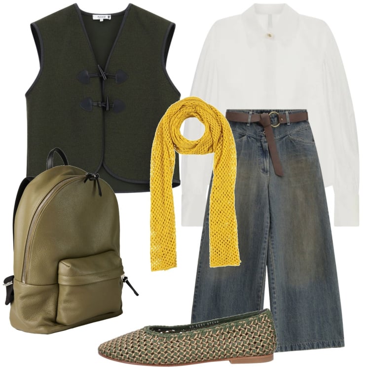 Outfit donna - Total look #2471447. Stile Trendy per Tutti i giorni. Abbinamento con sciarpe, ballerine, zaini, camicie, jeans boyfriend, gilet.
