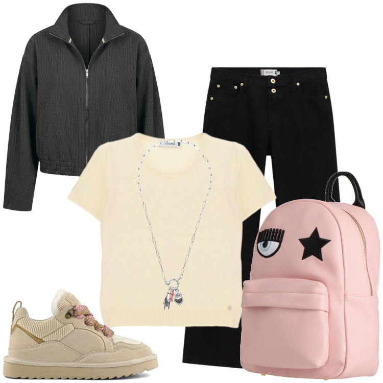 Outfit donna - Elisa. Stile Casual chic per Tutti i giorni. Abbinamento con zaini, pantaloni, bomber, top, ciondoli, sneakers alte.