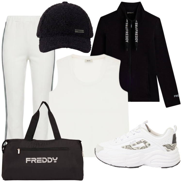 Outfit donna - Sporty chic. Stile Sporty chic per Sport. Abbinamento con sneakers, pantaloni, canottiere, borse sportive, felpe, cappelli con visiera.