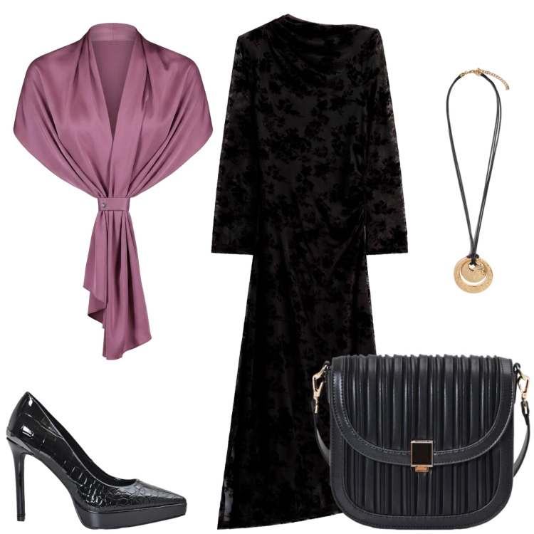 Outfit donna - Aurora. Stile Glamour per Serata fuori. Abbinamento con vestiti midi/longuette, borse a tracolla, stole, décolleté, ciondoli.