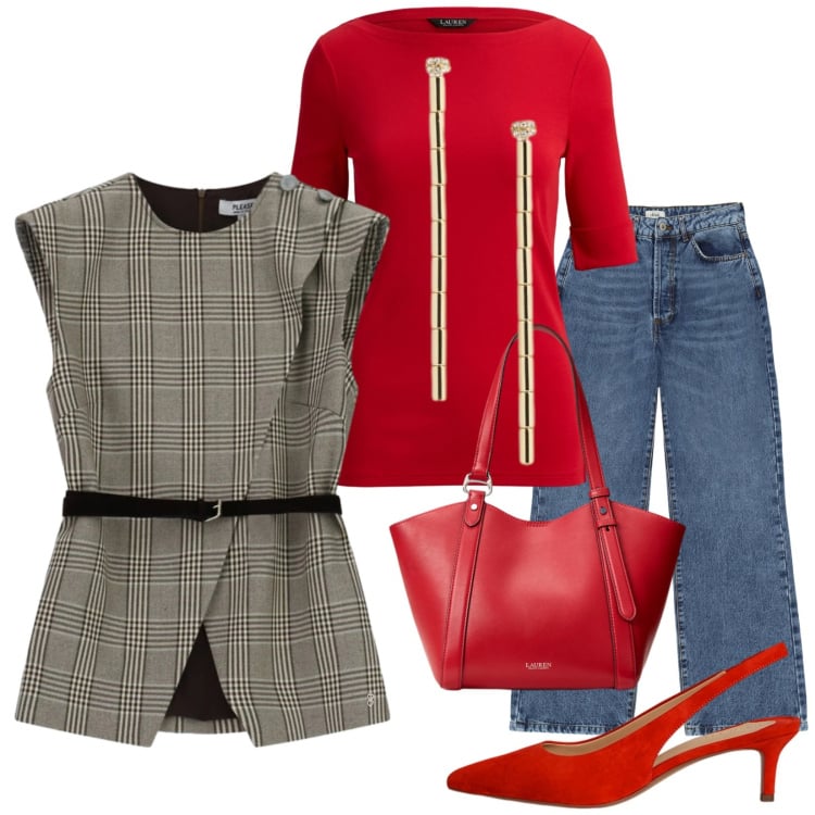 Outfit donna - Il gilet tartan a modo mio. Stile Trendy per Serata fuori. Abbinamento con jeans, gilet, borse tote, décolleté, t-shirt, orecchini.