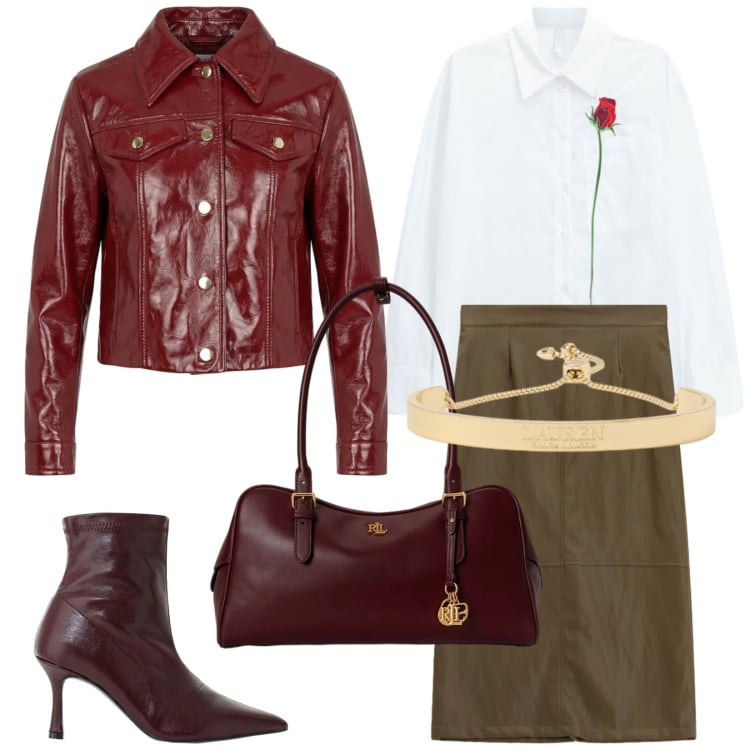 Outfit donna - Le prime serate fresche. Stile Glamour per Serata fuori. Abbinamento con giacche, stivaletti, camicie, gonne longuette, braccialetti, borse a mano.