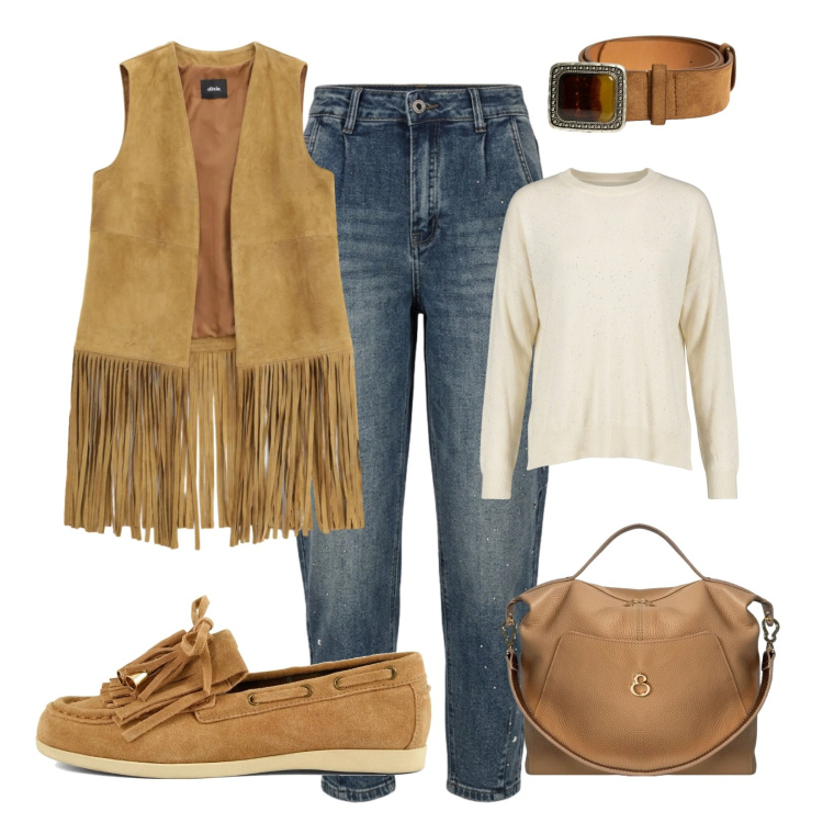 Outfit donna - Accessori suede. Stile Trendy per Tutti i giorni. Abbinamento con gilet, borse a mano, maglieria, cinture, jeans mom, mocassini.