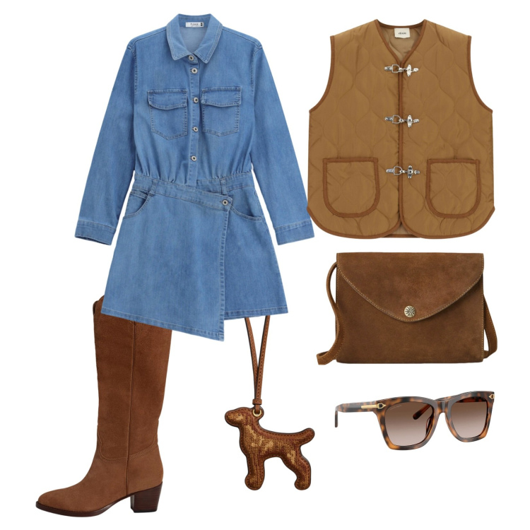 Outfit donna - Speciale suede. Stile Trendy per Tutti i giorni. Abbinamento con piumini, vestiti asimmetrici, borse a tracolla, occhiali da sole, ciondoli, stivali.