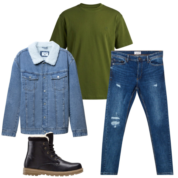 Outfit uomo - Total look #2471515. Stile Urban per Tutti i giorni. Abbinamento con stivali e stivaletti, t-shirt, jeans strappati, giacche.