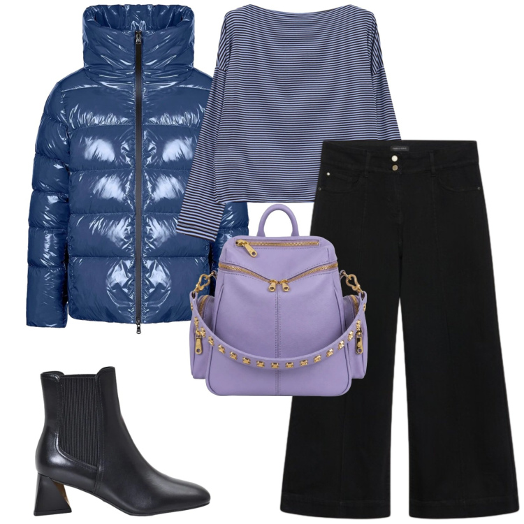 Outfit donna - Total look #2471519. Stile Casual chic per Ufficio. Abbinamento con t-shirt, stivaletti, jeans, piumini, zaini.
