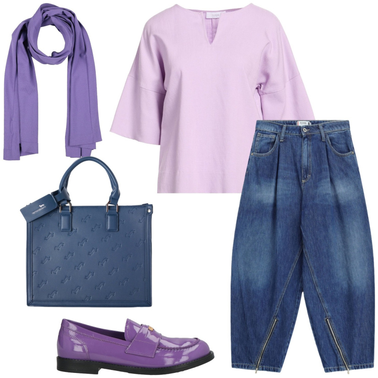 Outfit donna - Total look #2471523. Stile Casual chic per Tutti i giorni. Abbinamento con top, mocassini, sciarpe, borse a mano, jeans.