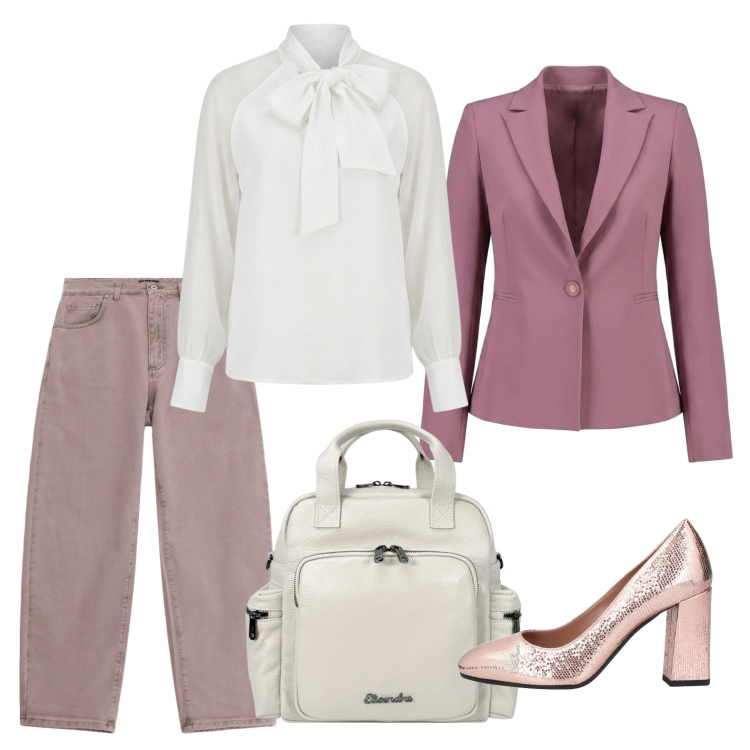 Outfit donna - La décolleté laminata. Stile Casual chic per Ufficio. Abbinamento con décolleté, jeans, blazer, bluse, zaini.