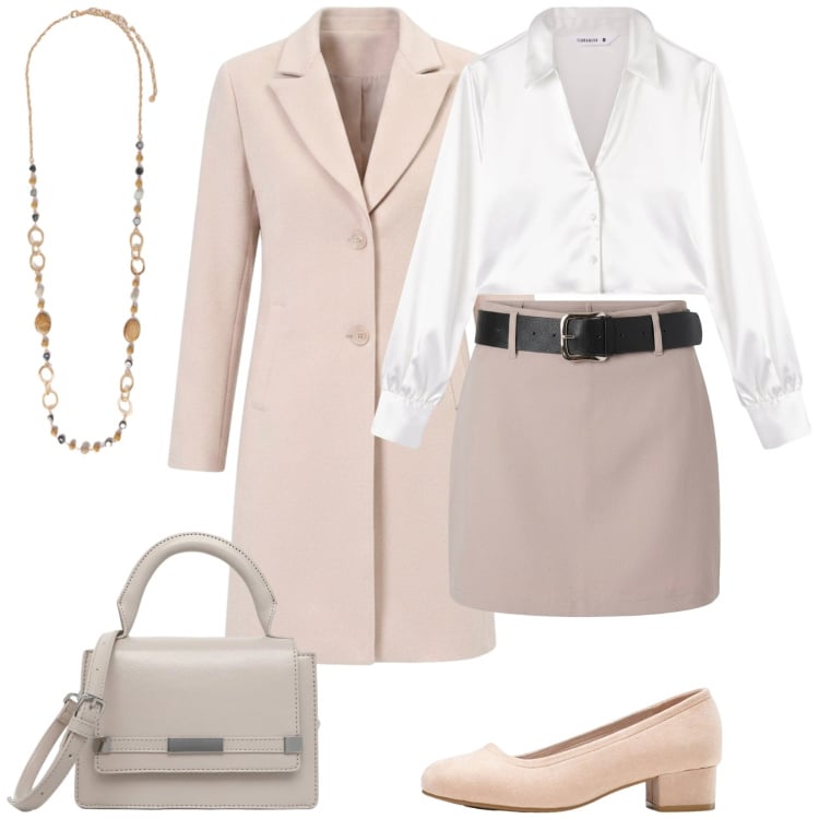 Outfit donna - In ufficio con stile. Stile Bon Ton per Ufficio. Abbinamento con décolleté, camicie, minigonne, borse a tracolla, cappotti, collane.