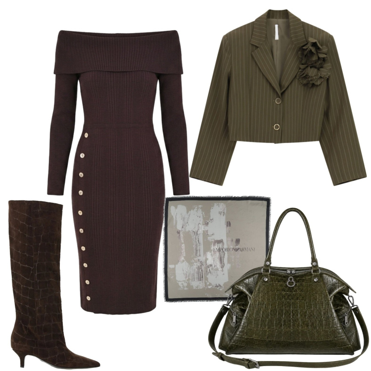 Outfit donna - Il blazer crop. Stile Chic per Serata fuori. Abbinamento con sciarpe, blazer, stivali, vestiti asimmetrici, shopping bag.
