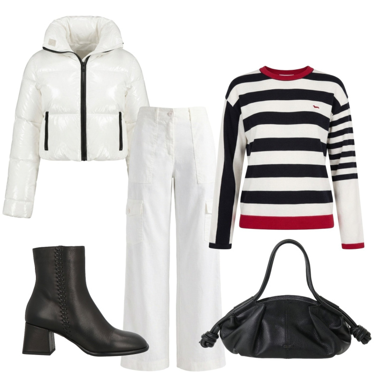 Outfit donna - Bianco neve. Stile Casual per Ufficio. Abbinamento con stivaletti, pantaloni cargo, maglieria, borse a mano, piumini.