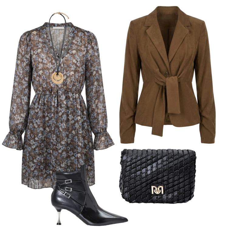 Outfit donna - Total look #2471532. Stile Casual chic per Ufficio. Abbinamento con borse a tracolla, stivaletti, ciondoli, vestiti corti, blazer.