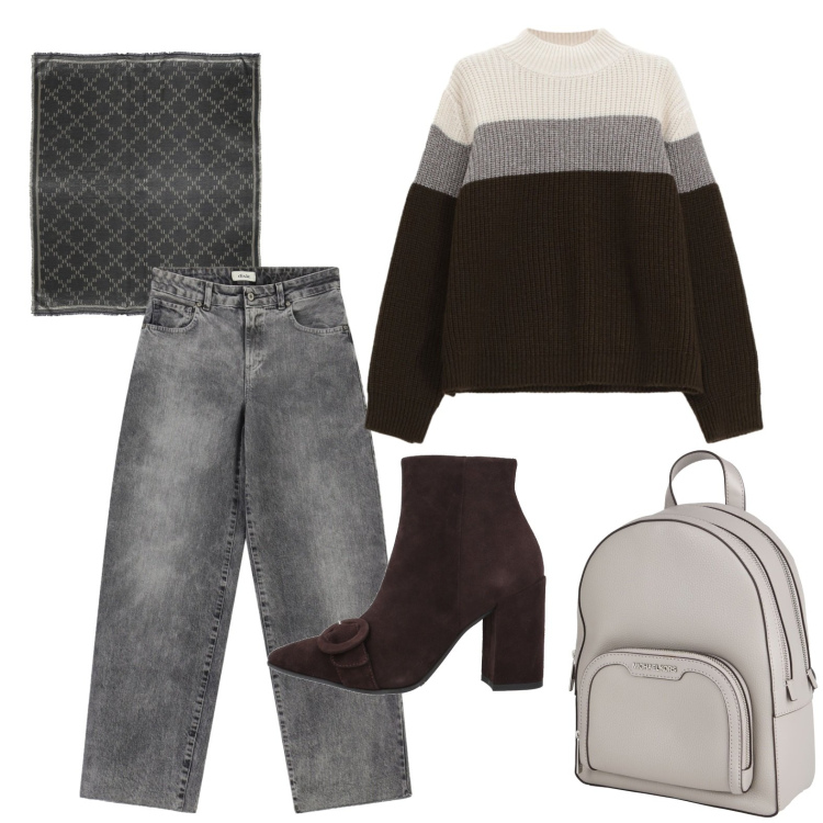 Outfit donna - Autunno pieno. Stile Casual per Tutti i giorni. Abbinamento con stivaletti, zaini, sciarpe, maglieria, jeans.