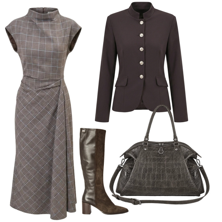 Outfit donna - Total look #2471536. Stile Bon Ton per Ufficio. Abbinamento con stivali, vestiti asimmetrici, blazer, shopping bag.