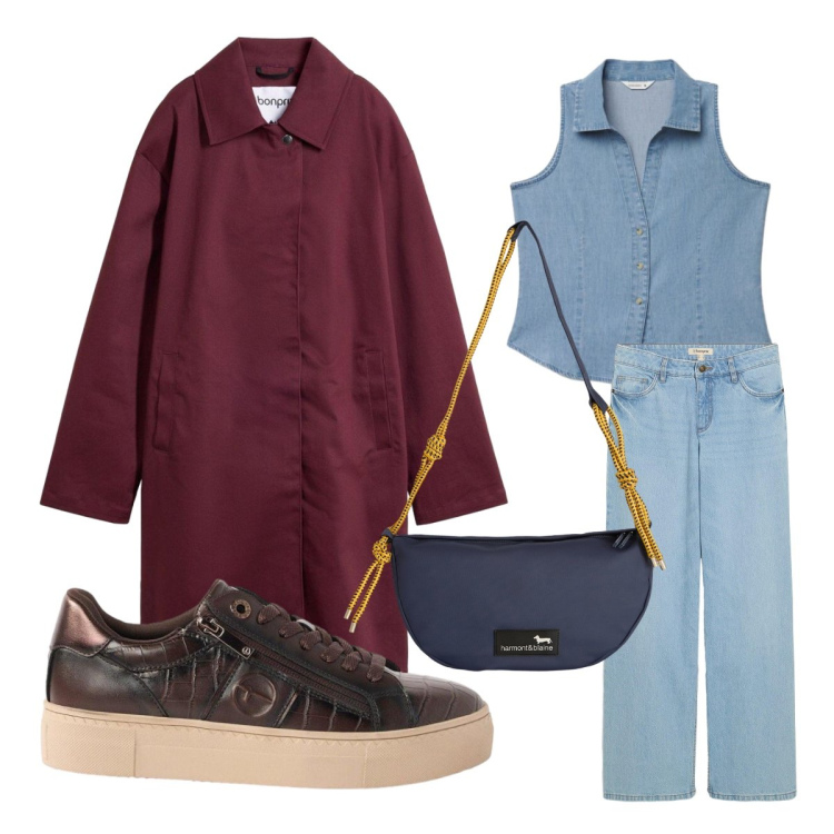 Outfit donna - Trench oversize. Stile Urban per Ufficio. Abbinamento con jeans, sneakers, trench, borse a tracolla, camicie a manica corta.