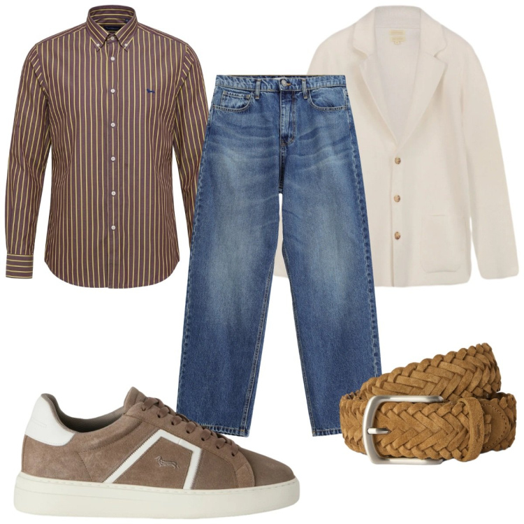 Outfit uomo - Aperitivo in città con amici. Stile Casual per Tutti i giorni. Abbinamento con cinture, sneakers, camicie, jeans, cardigans.