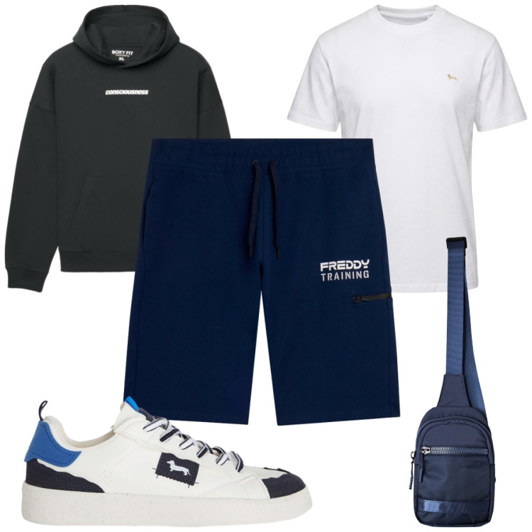 Outfit uomo - Total look #2471546. Stile Trendy per Tutti i giorni. Abbinamento con t-shirt, sneakers, borse sportive, bermuda, felpe con cappuccio.