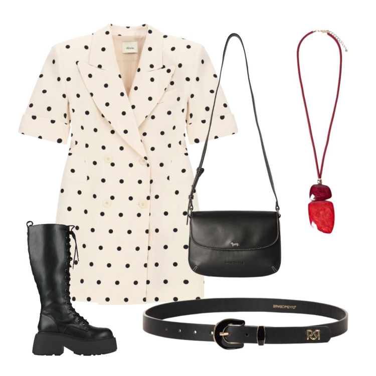 Outfit donna - Settembre. Stile Trendy per Ufficio. Abbinamento con stivali, borse a tracolla, vestiti corti, cinture, ciondoli.
