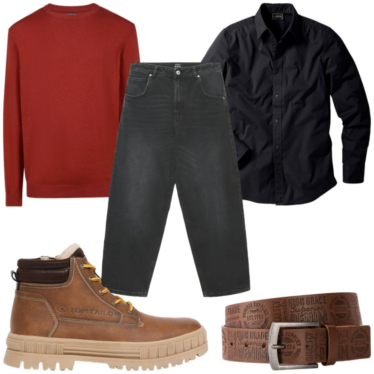 Outfit uomo - Total look #2471554. Stile Casual per Tutti i giorni. Abbinamento con maglieria, jeans, camicie, cinture, stivali e stivaletti.