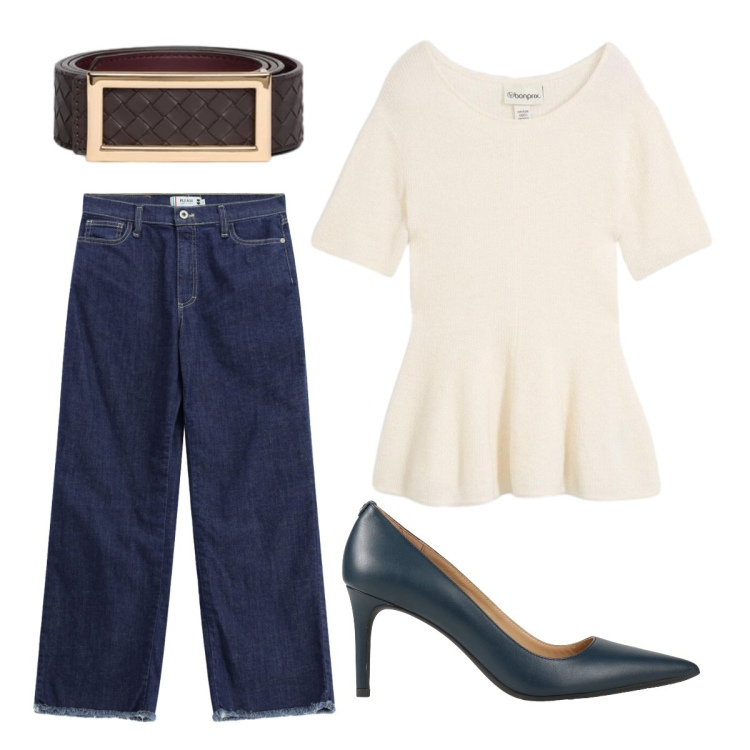 Outfit donna - Fine estate. Stile Basic per Tutti i giorni. Abbinamento con décolleté, maglieria, jeans dritti, cinture.