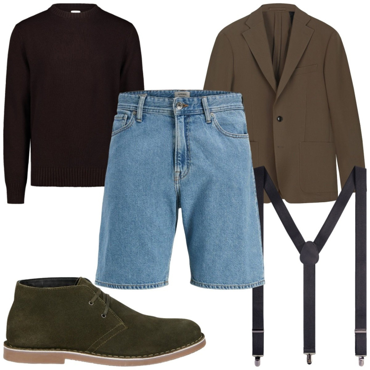 Outfit uomo - Total look #2471557. Stile Casual per Tutti i giorni. Abbinamento con shorts, stivali e stivaletti, giacche, maglieria, bretelle.