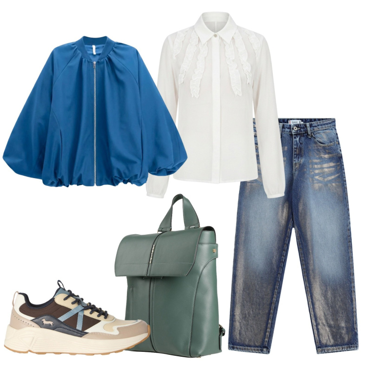 Outfit donna - Il bomberino per la mezza stagione. Stile Casual per Ufficio. Abbinamento con zaini, sneakers, bomber, camicie, jeans.