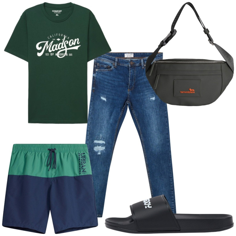 Outfit uomo - Total look #2471559. Stile Trendy per Mare. Abbinamento con costumi, borse sportive, jeans strappati, t-shirt, sandali.