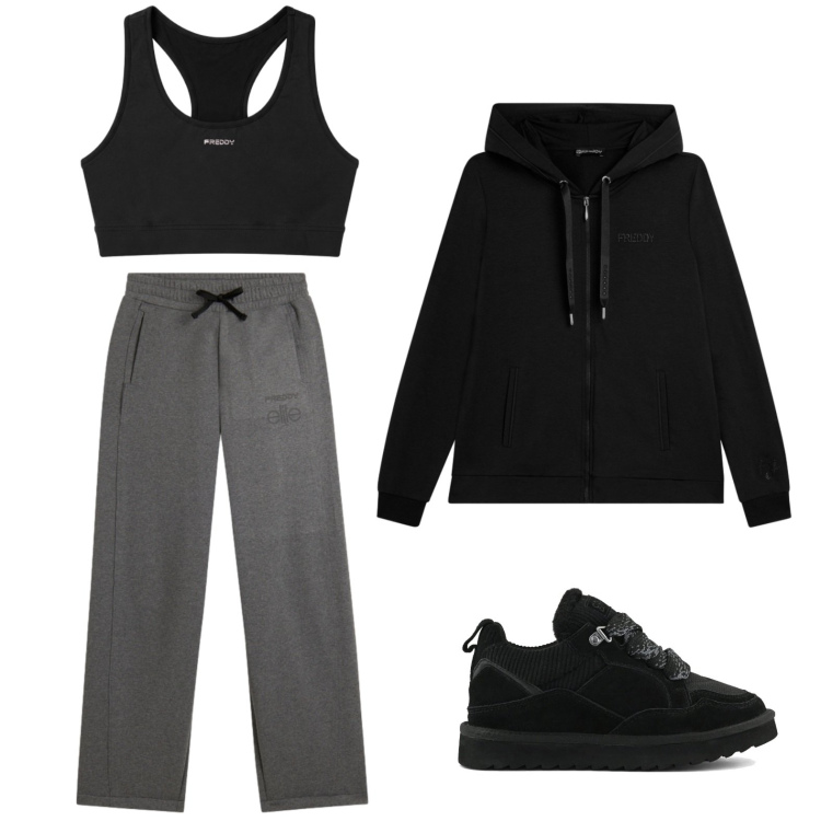 Outfit donna - In nero per l\'allenamento. Stile Casual per Sport. Abbinamento con pantaloni sportivi, felpe sportive, top sportivi, sneakers alte.