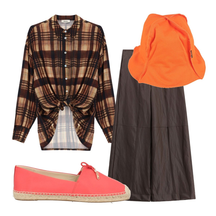 Outfit donna - Cioccolata candita. Stile Casual per Ufficio. Abbinamento con espadrillas, cappelli, pantaloni a palazzo, camicie.