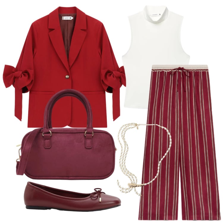 Outfit donna - Settembre. Stile Casual chic per Tutti i giorni. Abbinamento con ballerine, collane, top, borse a tracolla, blazer, pantaloni.