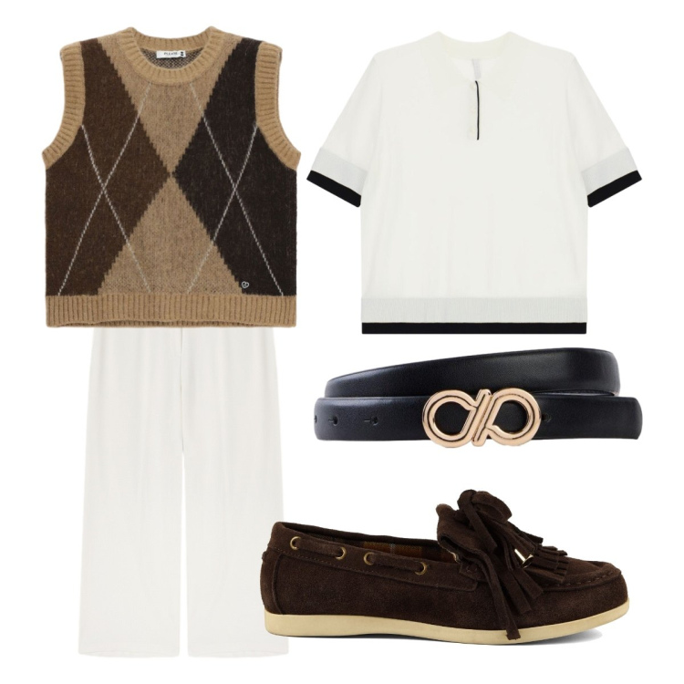 Outfit donna - layering sorprendente. Stile Preppy per Tutti i giorni. Abbinamento con cinture, polo, maglieria, pantaloni, mocassini.