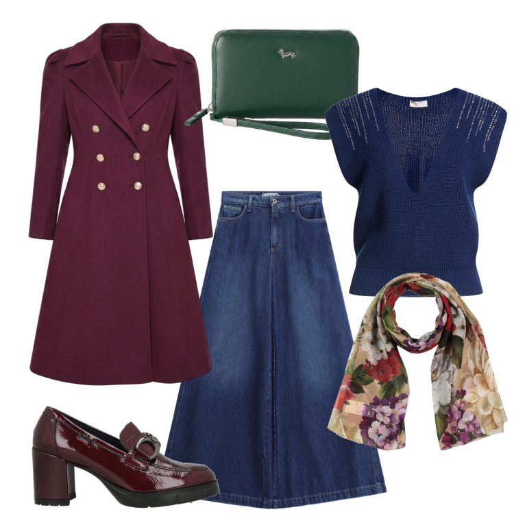 Outfit donna - Il cappottino che esalta la figura. Stile Casual chic per Ufficio. Abbinamento con mocassini, sciarpe, pullovers, portafogli, cappotti, jeans.