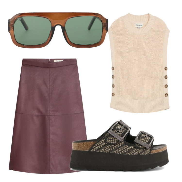 Outfit donna - Gonna in similpelle. Stile Rock per Tutti i giorni. Abbinamento con gonne longuette, maglieria, occhiali da sole, zeppe.
