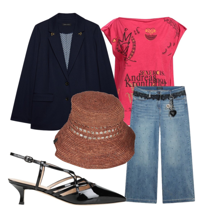 Outfit donna - In giro per Torino. Stile Casual chic per Tutti i giorni. Abbinamento con t-shirt, cappelli con visiera, décolleté, jeans, blazer.
