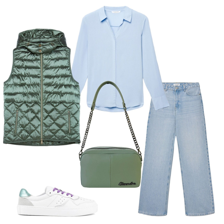Outfit donna - Piumino smanicato. Stile Casual per Tutti i giorni. Abbinamento con camicie, jeans, piumini, borse a tracolla, sneakers.