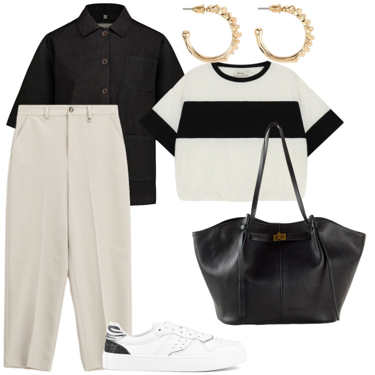 Outfit donna - Di lunedì. per Tutti i giorni. Abbinamento con shopping bag, orecchini, blazer, pantaloni, t-shirt, sneakers.