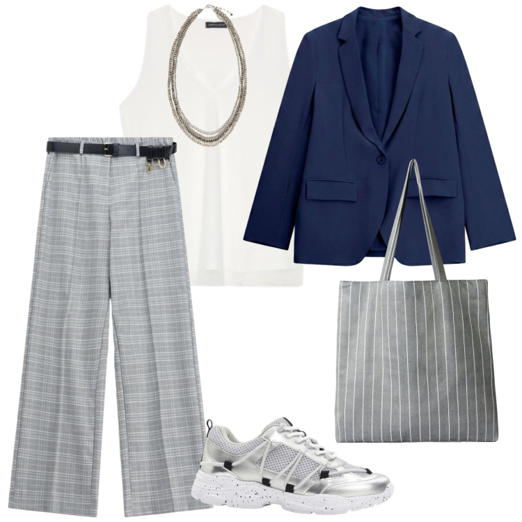 Outfit donna - Comoda. per Tutti i giorni. Abbinamento con sneakers, blazer, pantaloni a palazzo, shopping bag, collane, top.