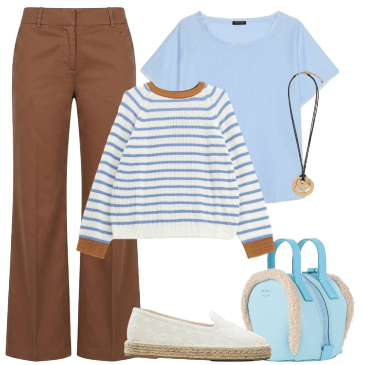 Outfit donna - Fresche giornate. Stile Basic per Tutti i giorni. Abbinamento con zaini, espadrillas, pantaloni, maglieria, t-shirt, ciondoli.