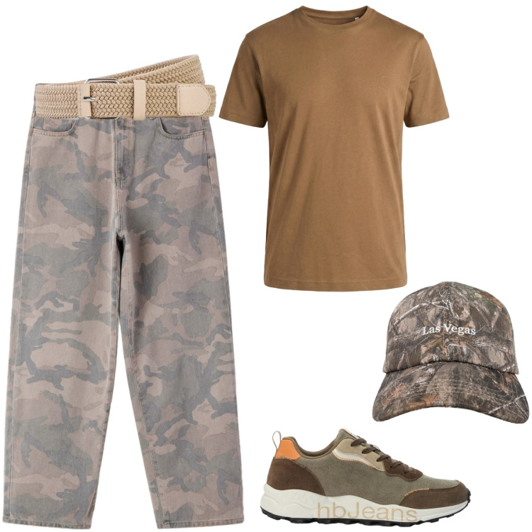 Outfit uomo - Toni terrosi. Stile Urban per Tutti i giorni. Abbinamento con t-shirt, sneakers, cappelli con visiera, pantaloni, cinture.