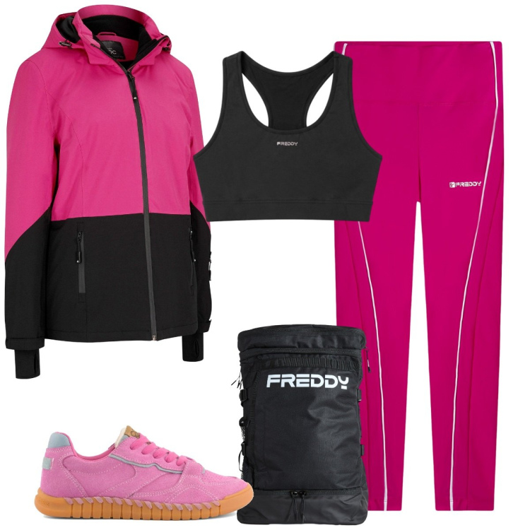 Outfit donna - Mattino presto al parco. Stile Urban per Sport. Abbinamento con giacche sportive, zaini, leggings sportivo, top sportivi, sneakers.