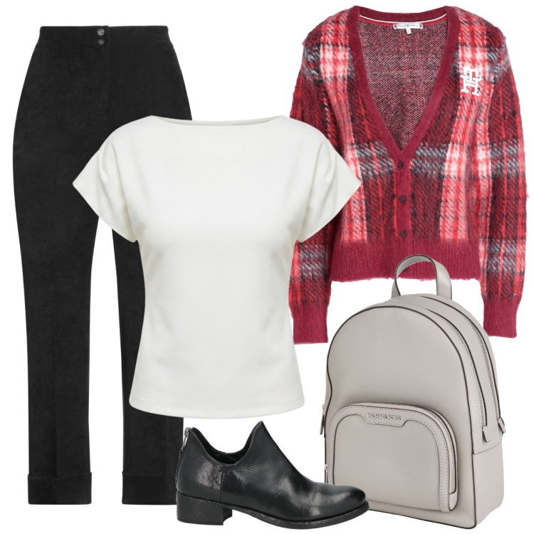 Outfit donna - Comoda in città. Stile Basic per Tutti i giorni. Abbinamento con stivaletti, pantaloni, zaini, cardigans, t-shirt.