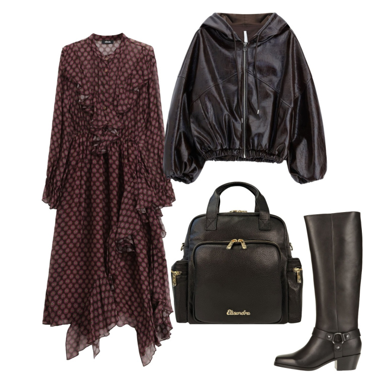 Outfit donna - Contrasto tra abito lezioso e texani. Stile Urban per Ufficio. Abbinamento con stivali, giacche, vestiti asimmetrici, zaini.