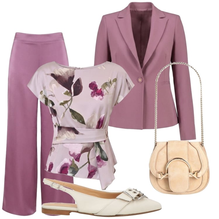 Outfit donna - Tailleur di primavera. Stile Basic per Cerimonia. Abbinamento con ballerine, marsupi, t-shirt, pantaloni a palazzo, blazer.