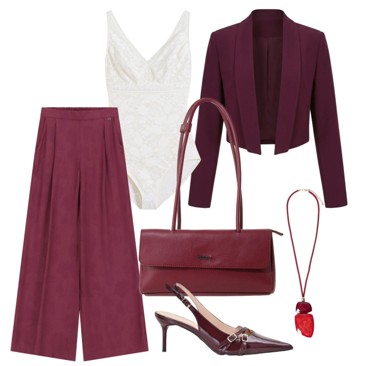 Outfit donna - Settembre. Stile Chic per Tutti i giorni. Abbinamento con body, pantaloni a palazzo, borse a spalla, décolleté, blazer, ciondoli.