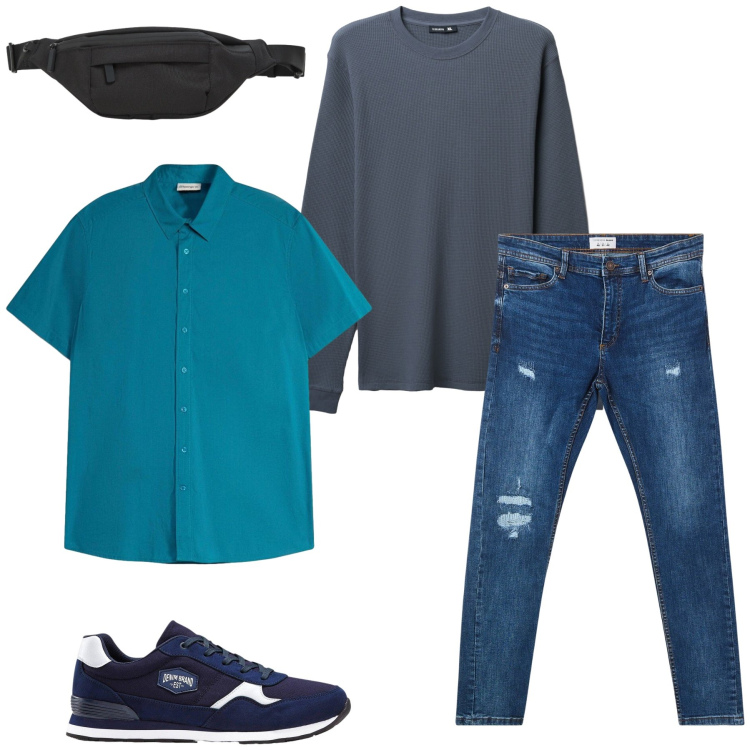 Outfit uomo - Gianni. Stile Casual per Tutti i giorni. Abbinamento con sneakers, camicie a manica corta, jeans strappati, maglieria, borse sportive.